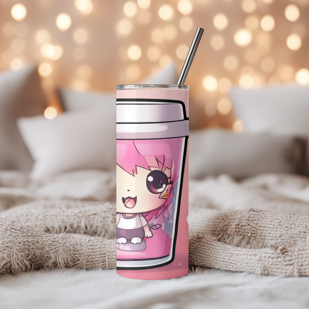 Cute Anime Girl Boba Cup 20oz Skinny Tumbler with Straw | Pink Kawaii Bubble Tea Mug