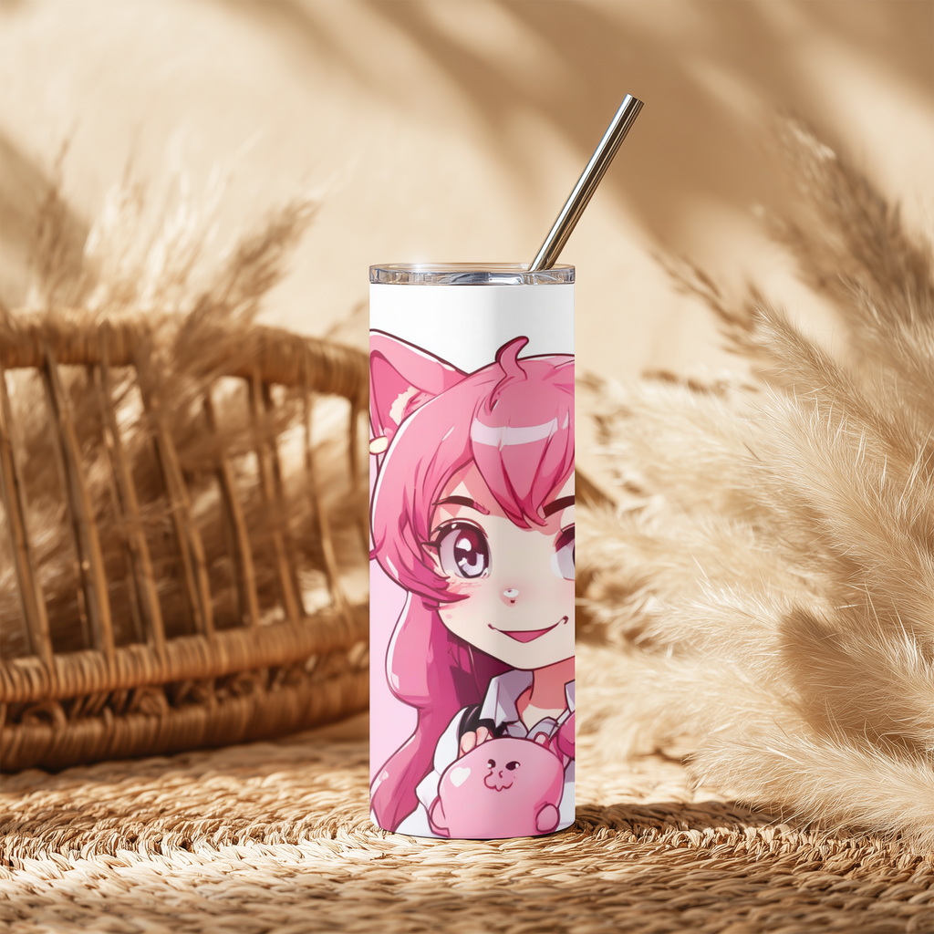Cute Anime Cat Girl 20oz Skinny Tumbler with Straw | Pink Neko Chibi Cup