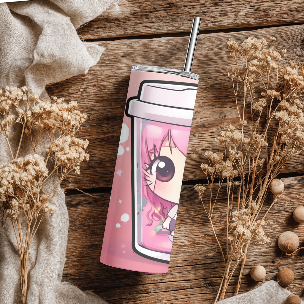 Cute Anime Girl Boba Cup 20oz Skinny Tumbler with Straw | Pink Kawaii Bubble Tea Mug