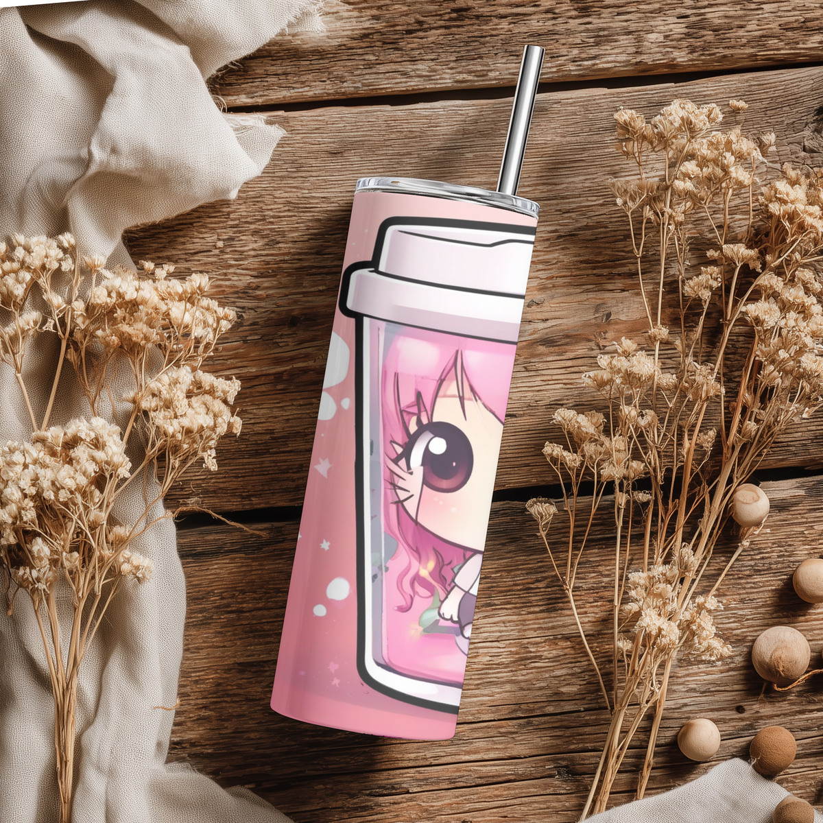 Cute Anime Girl Boba Cup 20oz Skinny Tumbler with Straw | Pink Kawaii Bubble Tea Mug