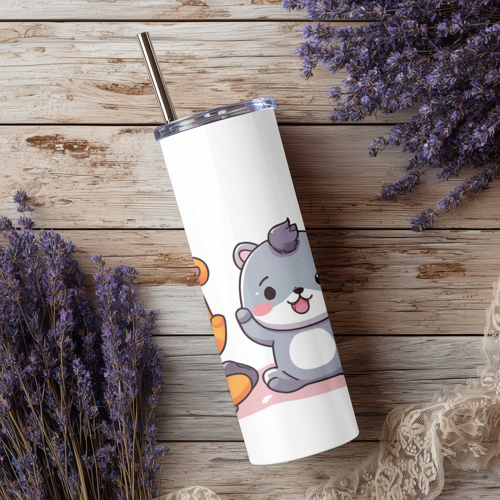 Cute Cartoon Hamster & Bear 20oz Skinny Tumbler | Kawaii Animal Chibi Cup with Straw