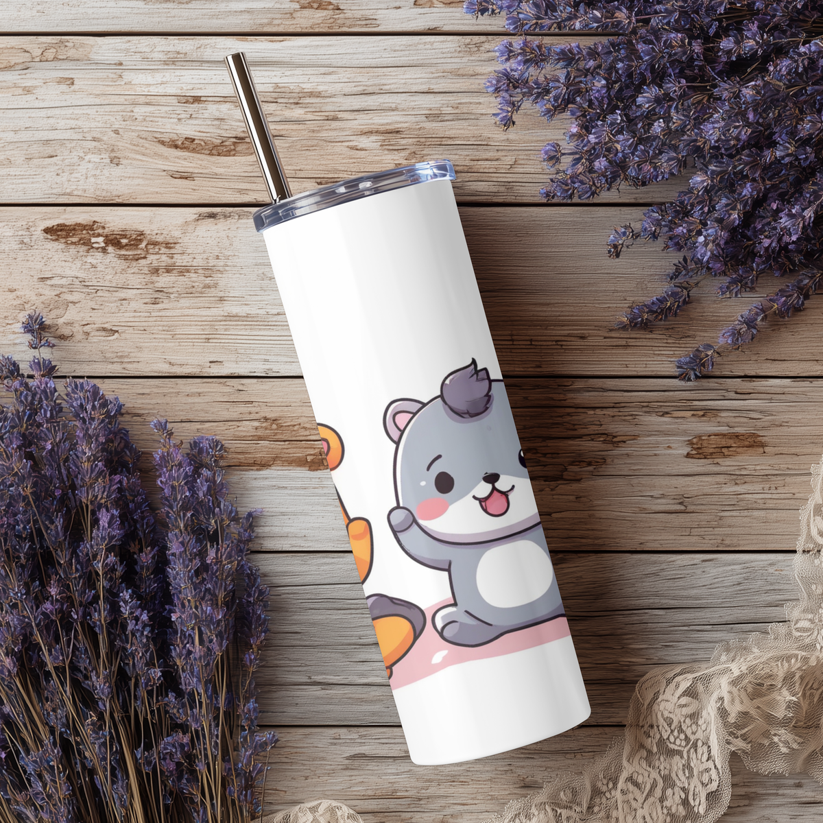 Cute Cartoon Hamster & Bear 20oz Skinny Tumbler | Kawaii Animal Chibi Cup with Straw