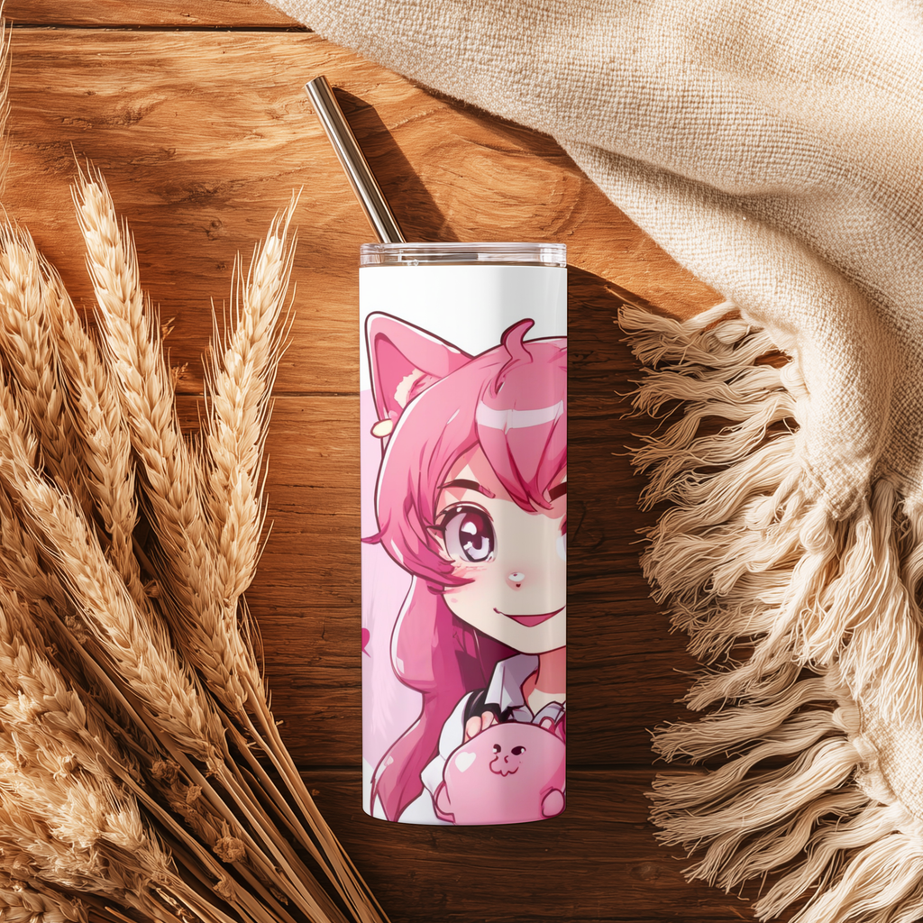 Cute Anime Cat Girl 20oz Skinny Tumbler with Straw | Pink Neko Chibi Cup