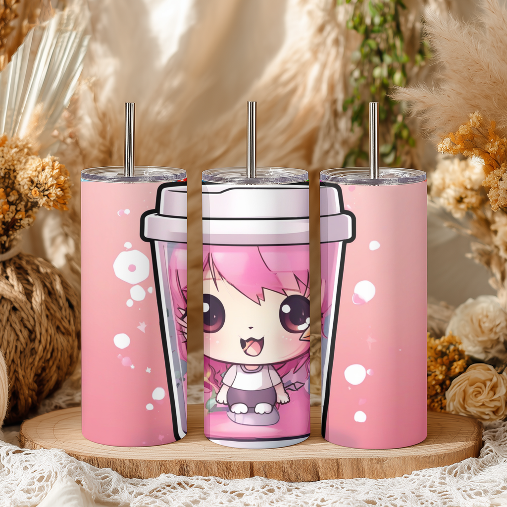 Cute Anime Girl Boba Cup 20oz Skinny Tumbler with Straw | Pink Kawaii Bubble Tea Mug