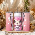 Cute Anime Girl Boba Cup 20oz Skinny Tumbler with Straw | Pink Kawaii Bubble Tea Mug