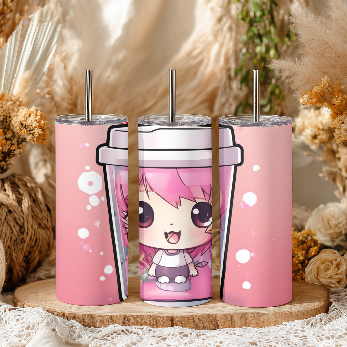 Cute Anime Girl Boba Cup 20oz Skinny Tumbler with Straw | Pink Kawaii Bubble Tea Mug