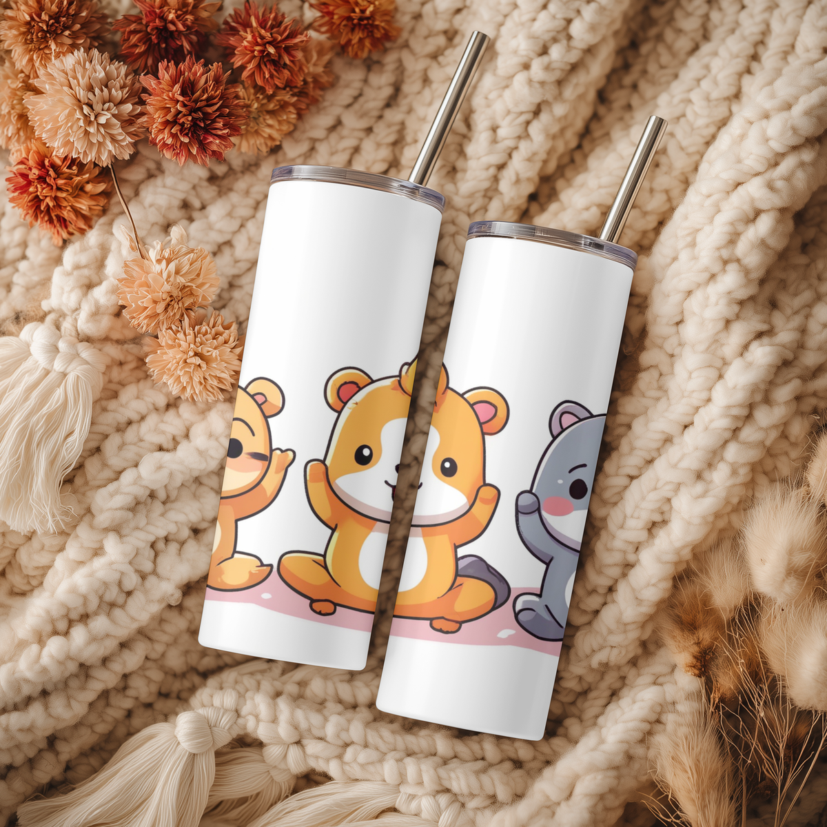 Cute Cartoon Hamster & Bear 20oz Skinny Tumbler | Kawaii Animal Chibi Cup with Straw