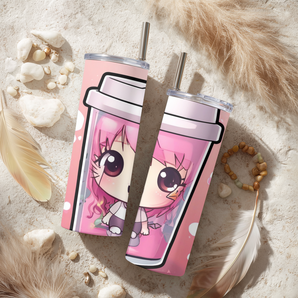 Cute Anime Girl Boba Cup 20oz Skinny Tumbler with Straw | Pink Kawaii Bubble Tea Mug