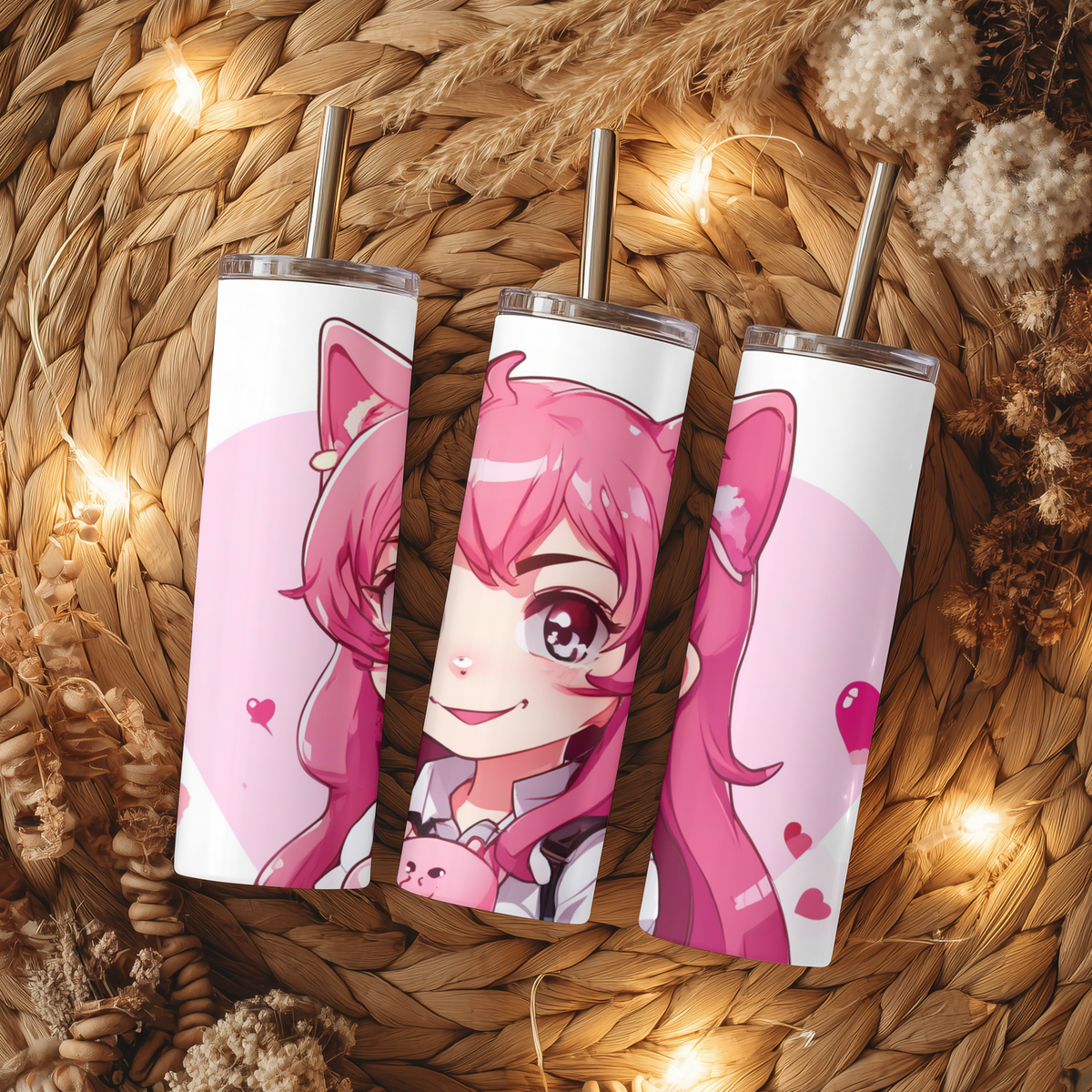 Cute Anime Cat Girl 20oz Skinny Tumbler with Straw | Pink Neko Chibi Cup