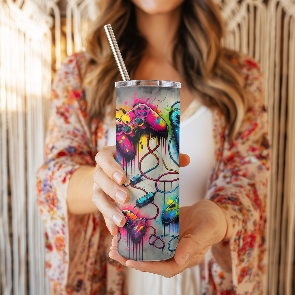 Retro Graffiti Gaming Controller 20oz Skinny Tumbler | Street Art Watercolor Gamer Cup with Straw