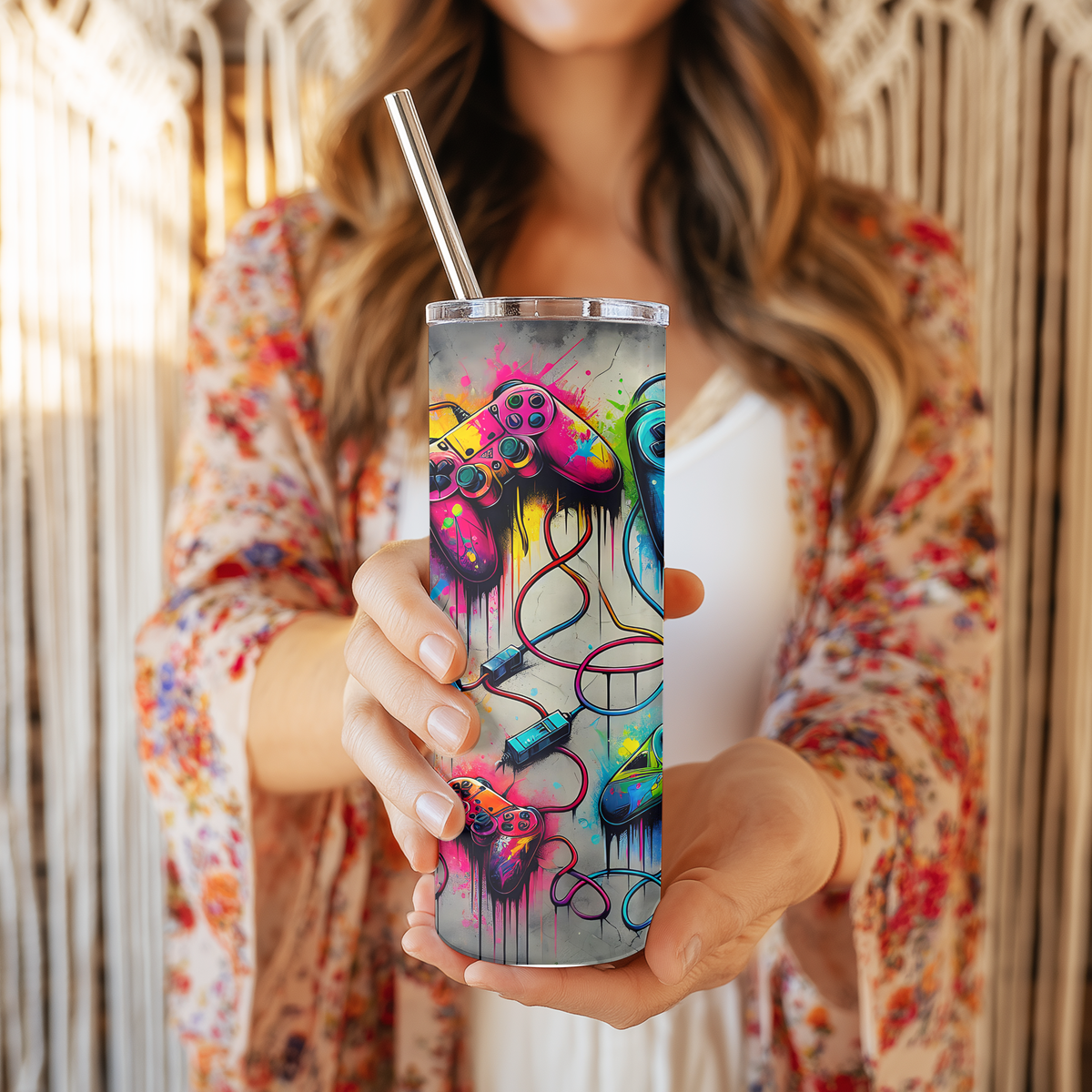 Retro Graffiti Gaming Controller 20oz Skinny Tumbler | Street Art Watercolor Gamer Cup with Straw