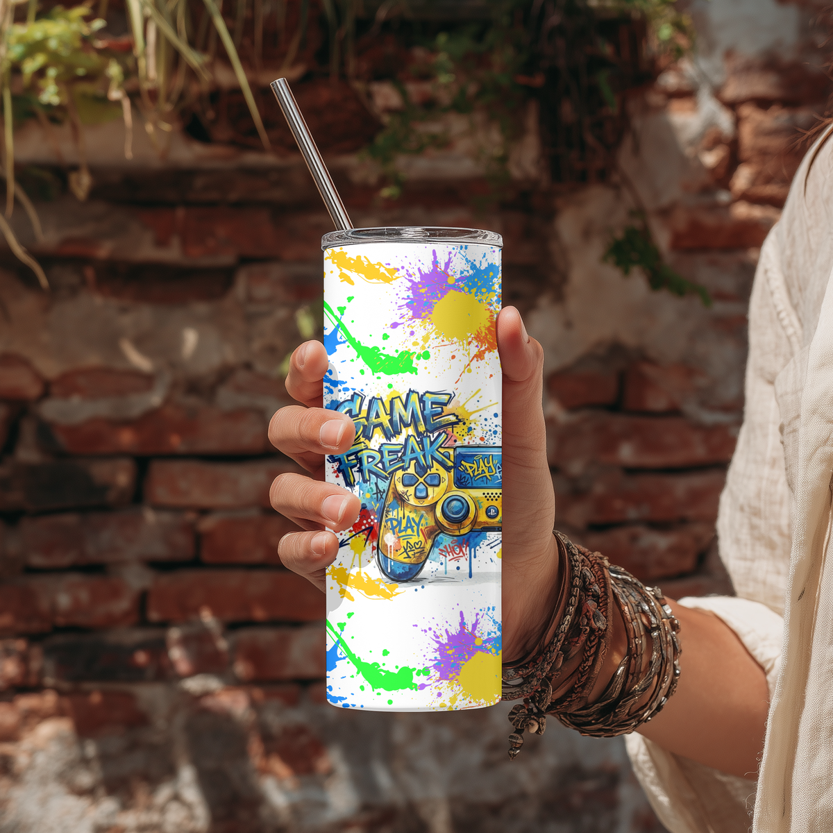 Personalized Gamer Controller 20oz Skinny Tumbler | Custom Name Splatter Paint Gaming Cup