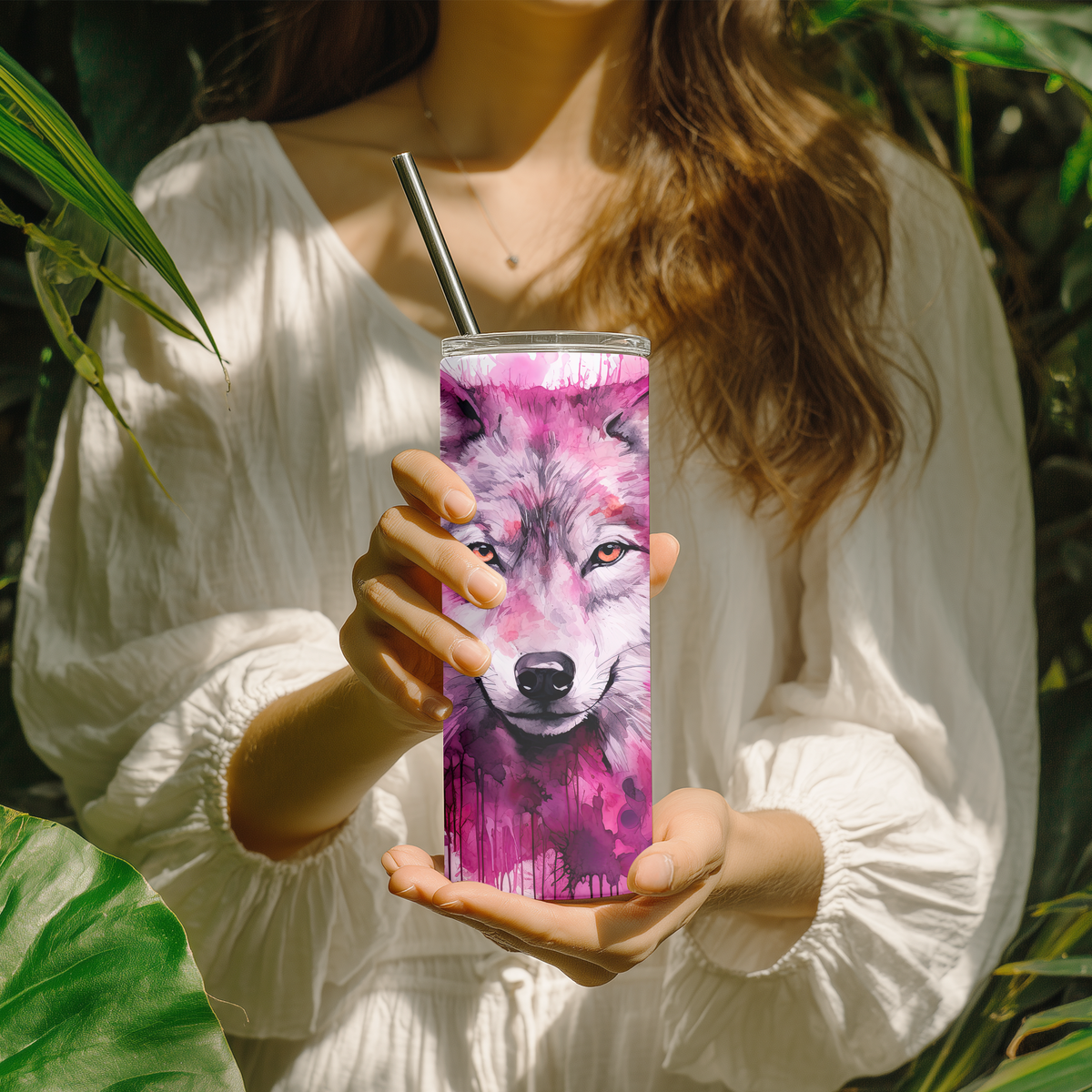 Watercolor Wolf 20oz Skinny Tumbler with Straw | Vibrant Pink Splash Wildlife Cup