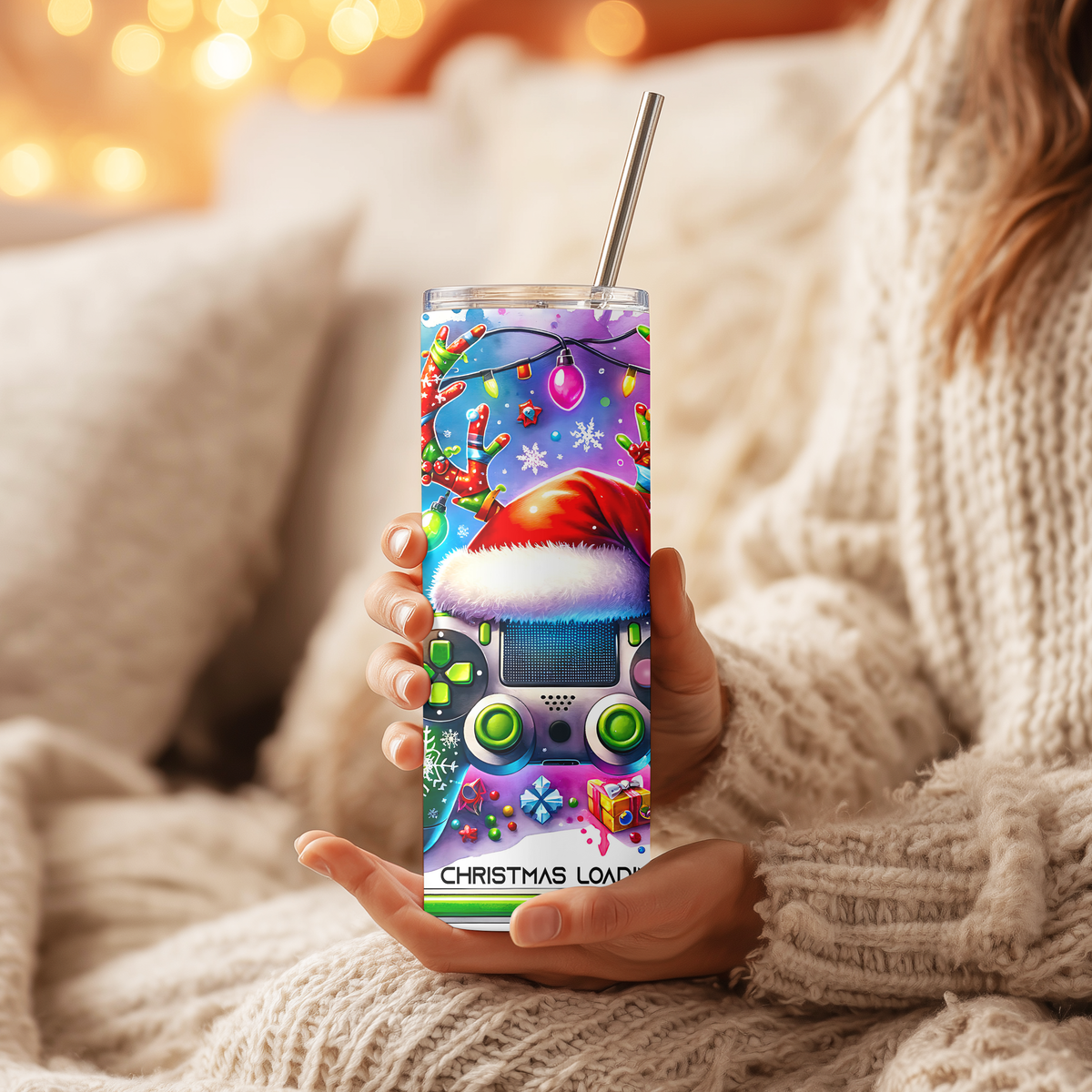 Christmas Loading Gamer 20oz Skinny Tumbler | Holiday Gaming Controller Cup with Straw