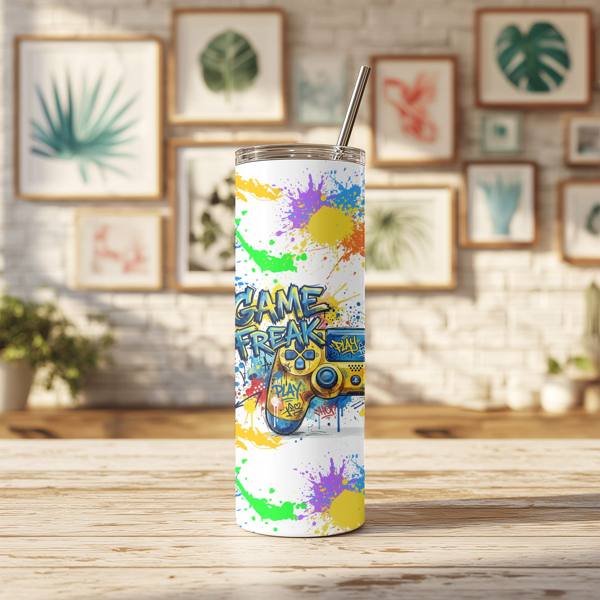 Personalized Gamer Controller 20oz Skinny Tumbler | Custom Name Splatter Paint Gaming Cup