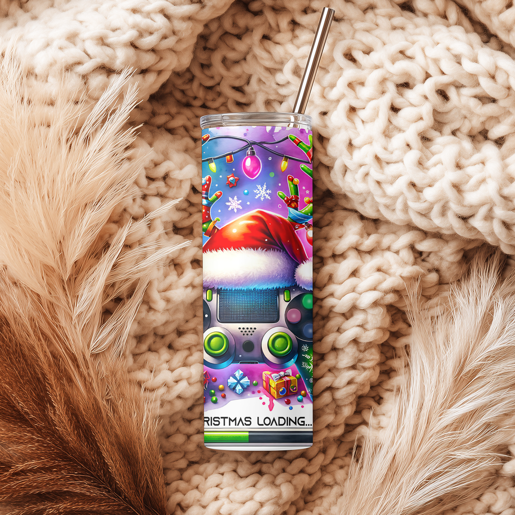Christmas Loading Gamer 20oz Skinny Tumbler | Holiday Gaming Controller Cup with Straw