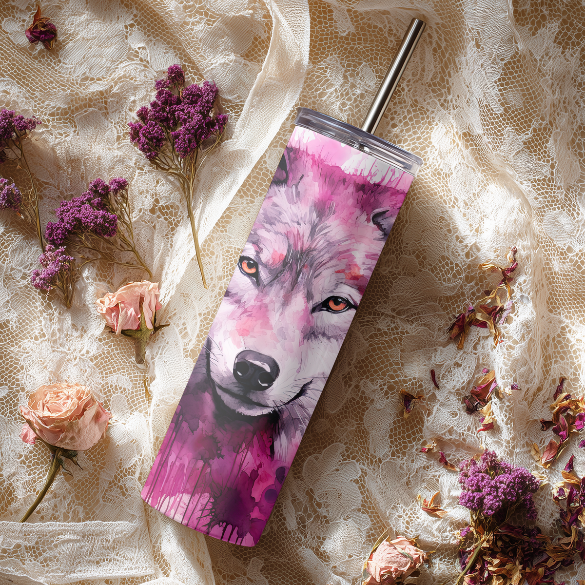 Watercolor Wolf 20oz Skinny Tumbler with Straw | Vibrant Pink Splash Wildlife Cup