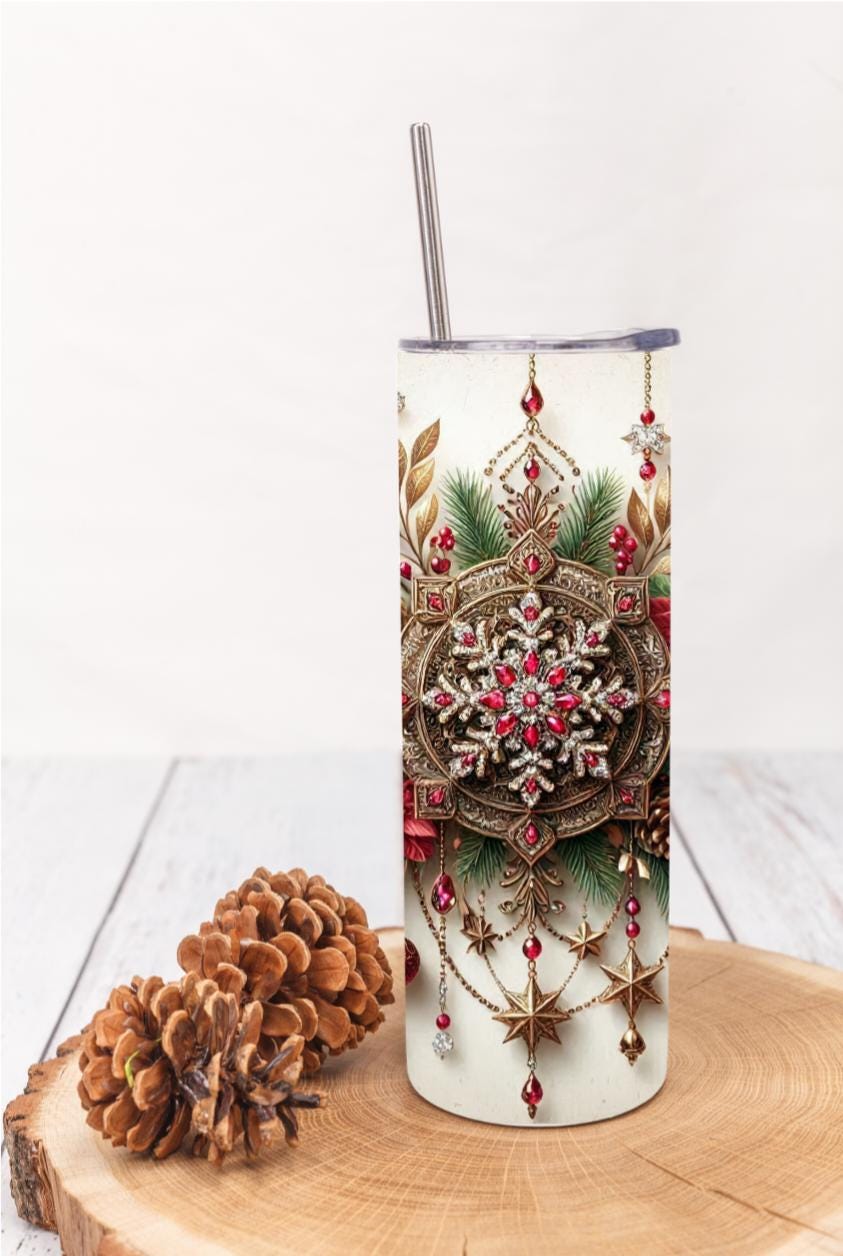 Luxury Jeweled Snowflake 20oz Skinny Tumbler Poinsettia Travel Mug
