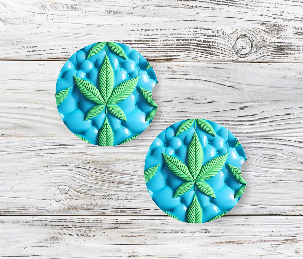 3D Puff Cannabis Leaf Neoprene Car Coasters 2-Pack | Ready to Ship 3D Illusion Cup Holder Mats | Blue Tufted Stoner Vehicle Accessories Gift