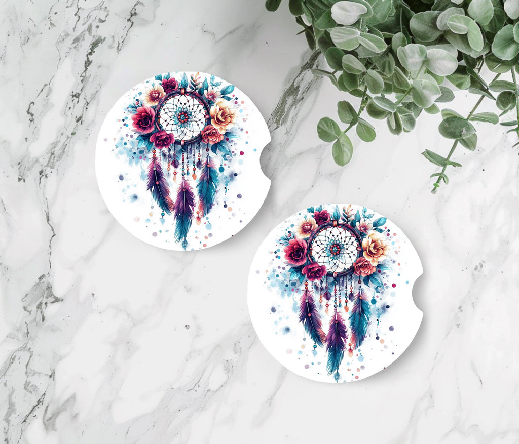 Watercolor Dreamcatcher Neoprene Car Coasters | Boho Floral Cup Holder Mats (2-Pack)
