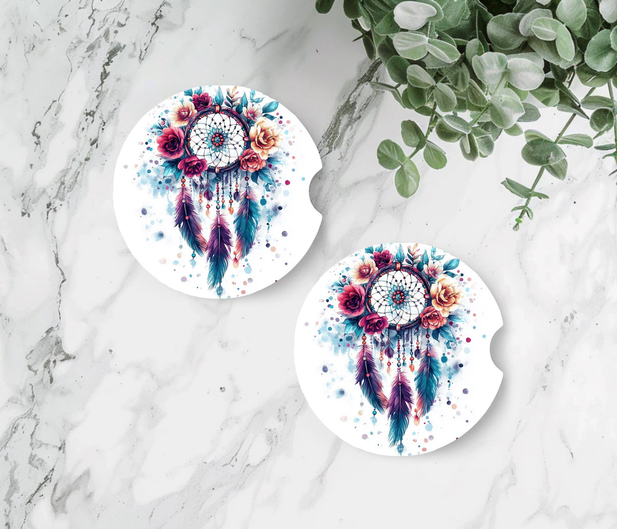 Watercolor Dreamcatcher Neoprene Car Coasters | Boho Floral Cup Holder Mats (2-Pack)