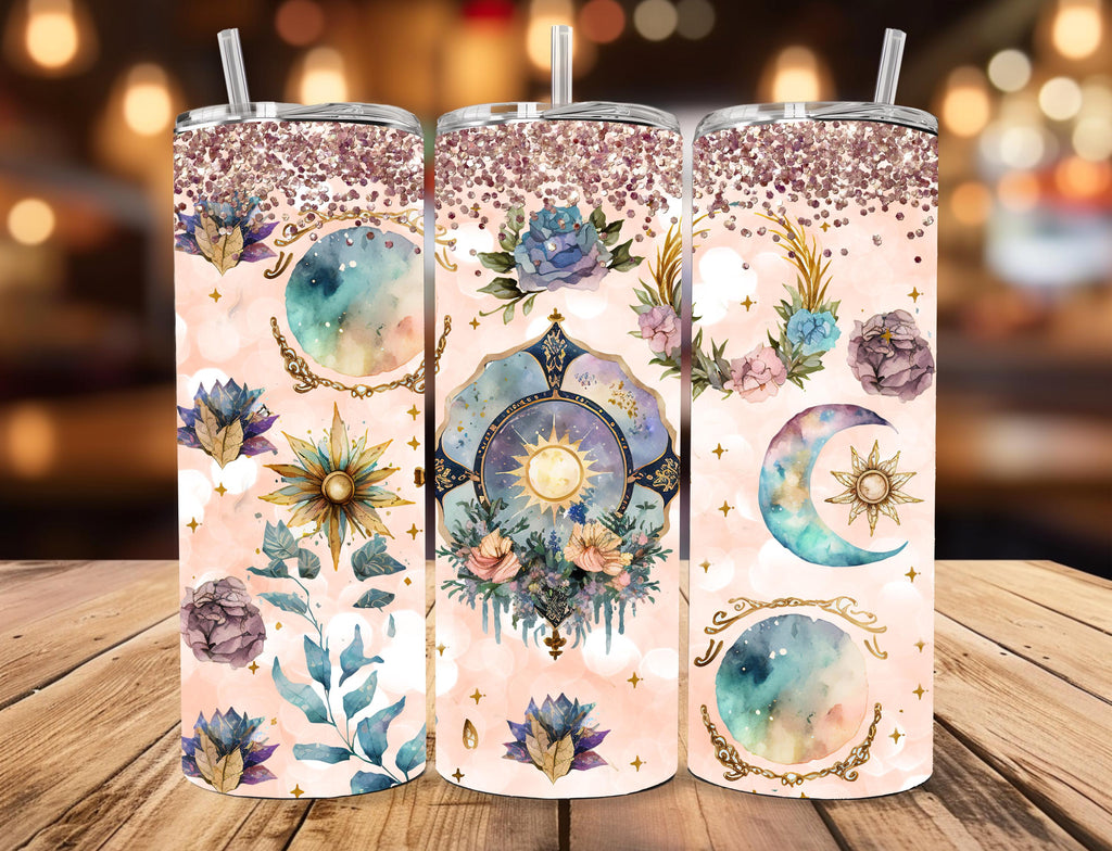 Celestial Sun Moon Mandala Tumbler | Rose Gold Glitter Travel Mug (20oz)