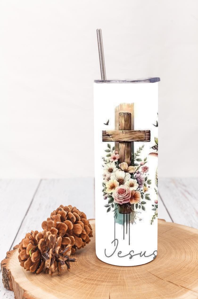 Jesus Paid It All 20oz Skinny Tumbler | Watercolor Cross, Lamb, Bible