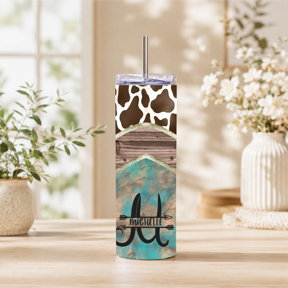 Personalized Western Cow Print 20oz Skinny Tumbler with Name