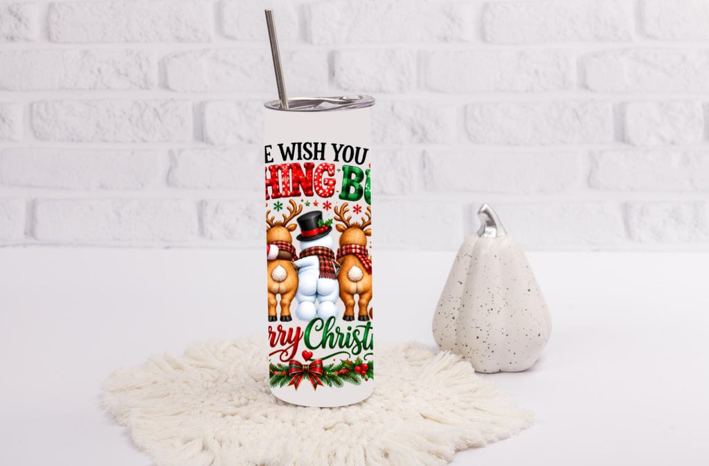 Funny Christmas 20oz Skinny Tumbler Quirky Santa and Reindeer White Elephant Gift