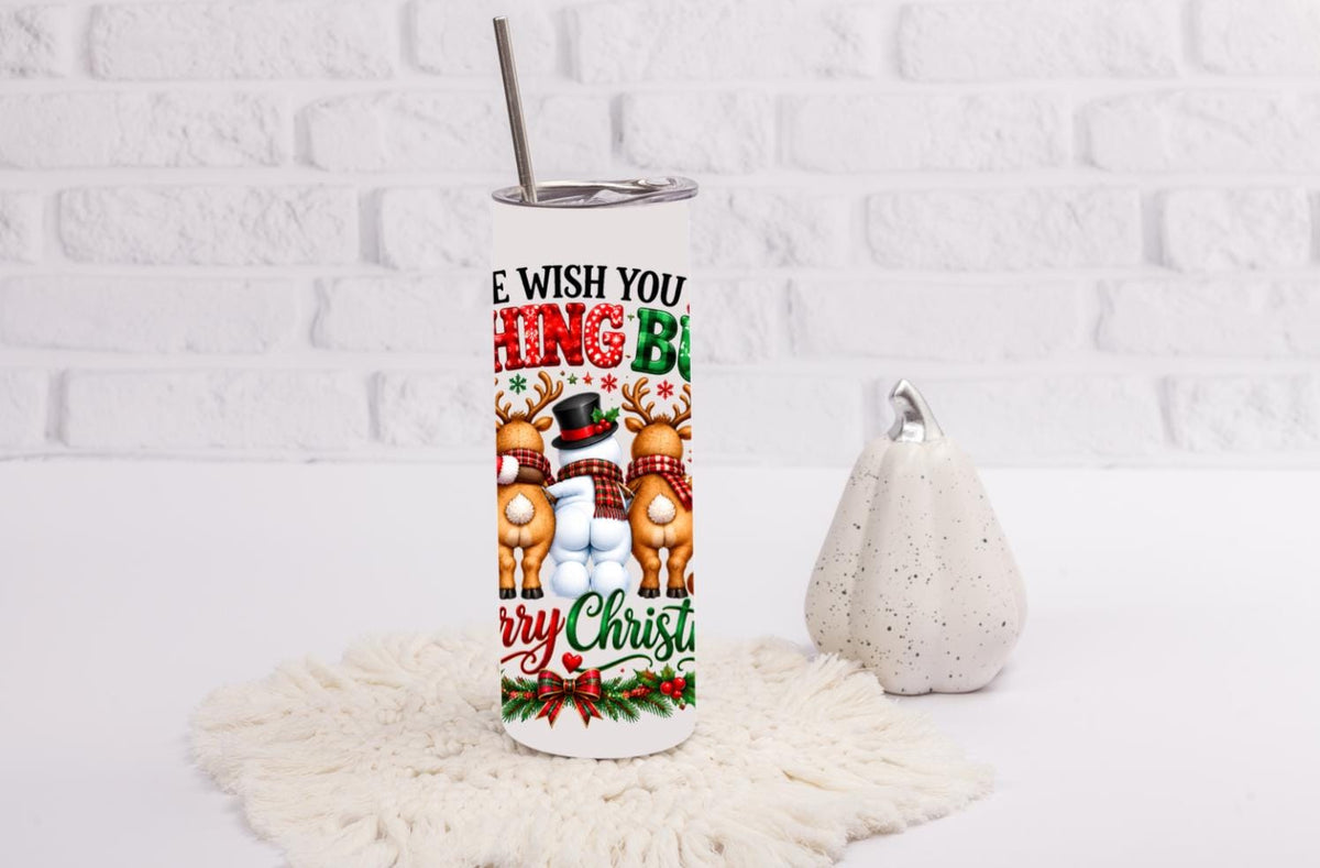 Funny Christmas 20oz Skinny Tumbler Quirky Santa and Reindeer White Elephant Gift