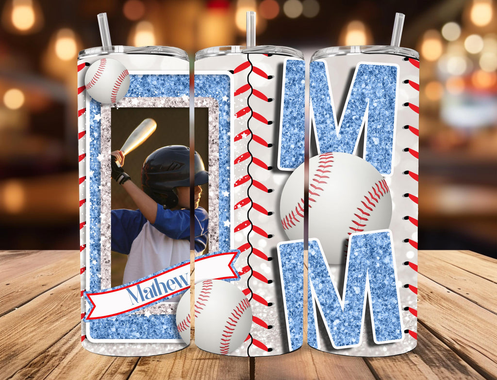 Personalized Baseball Mom Tumbler | Custom Player Photo, Glitter Name (20oz)
