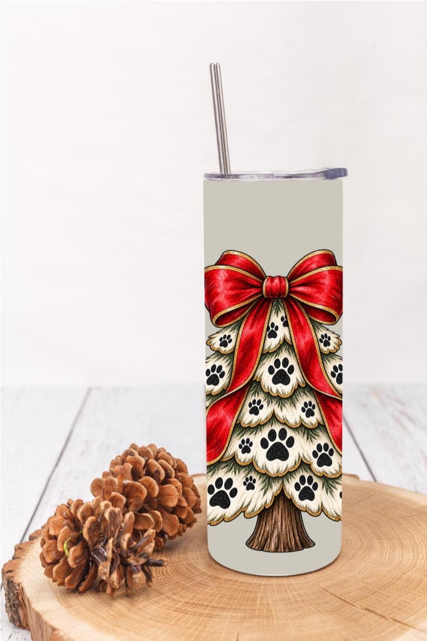 Paw Print Christmas Tree Tumbler | 20oz Stainless Steel Travel Mug