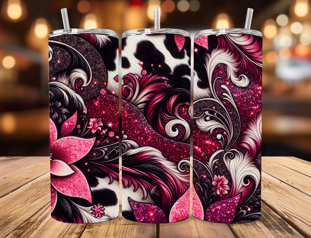Magenta Glitter Floral Cow Print 20oz Skinny Tumbler