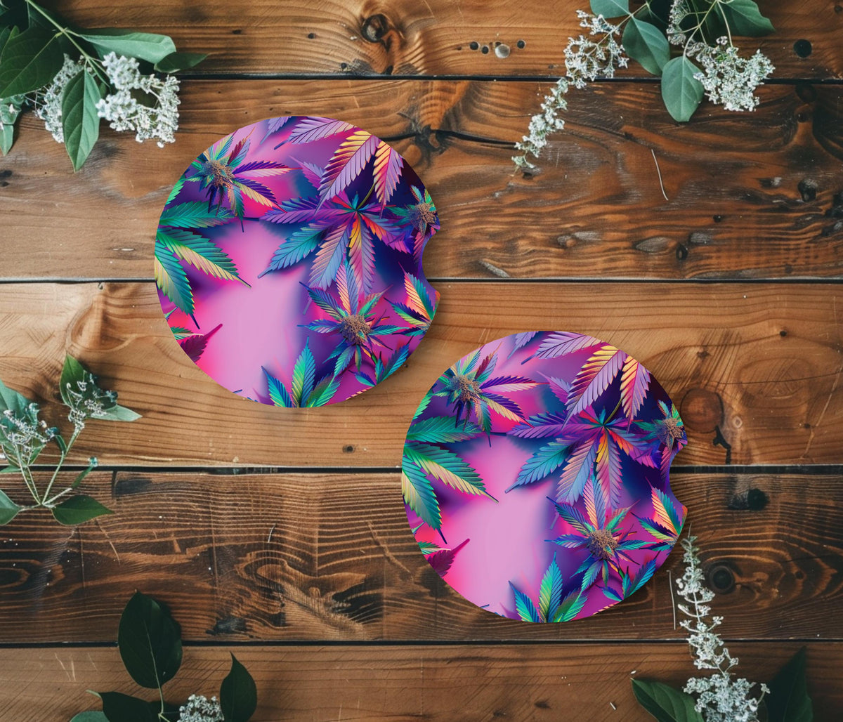 Vibrant Cannabis Leaf Neoprene Car Coasters 2-Pack | Ready to Ship Psychedelic Cup Holder Mats | Pink Purple Stoner Vehicle Accessories Gift