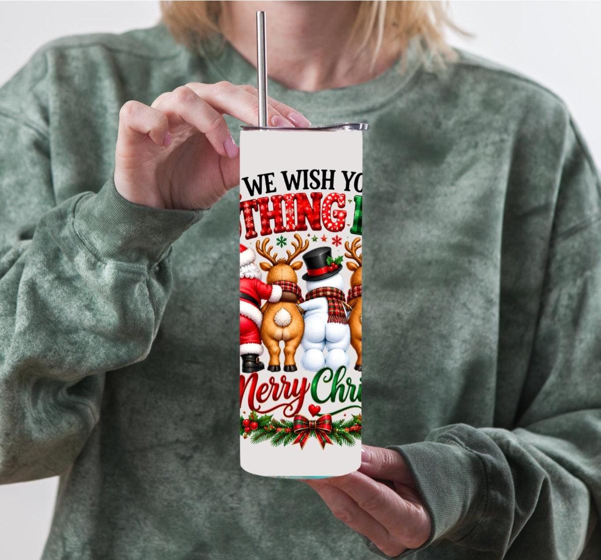 Funny Christmas 20oz Skinny Tumbler Quirky Santa and Reindeer White Elephant Gift