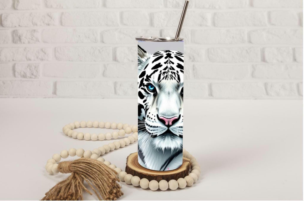 White Tiger Floral Skinny Tumbler | 20oz Travel Mug, Pink Hibiscus, Blue Eyes