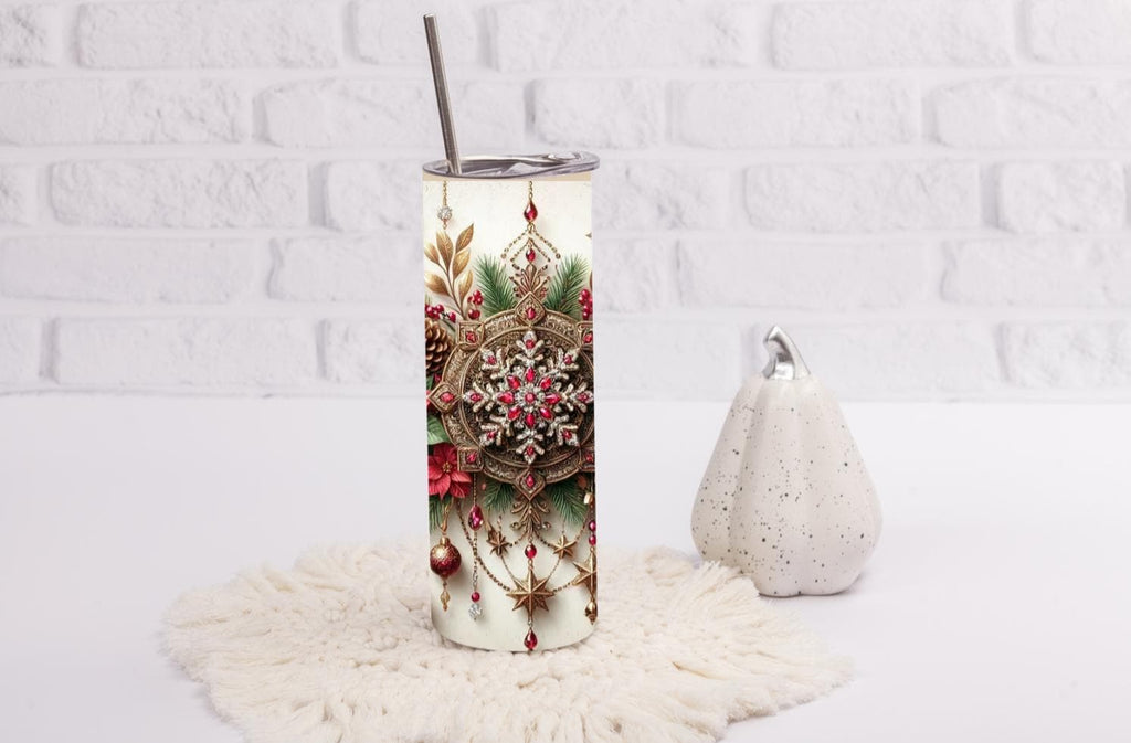 Luxury Jeweled Snowflake 20oz Skinny Tumbler Poinsettia Travel Mug