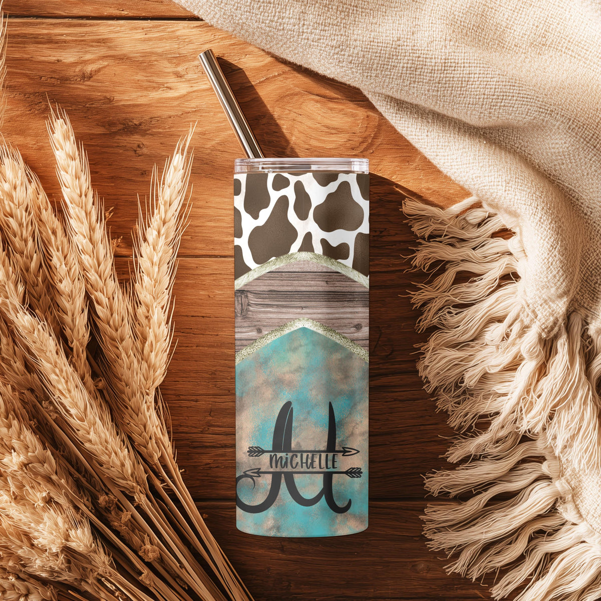 Personalized Western Cow Print 20oz Skinny Tumbler with Name