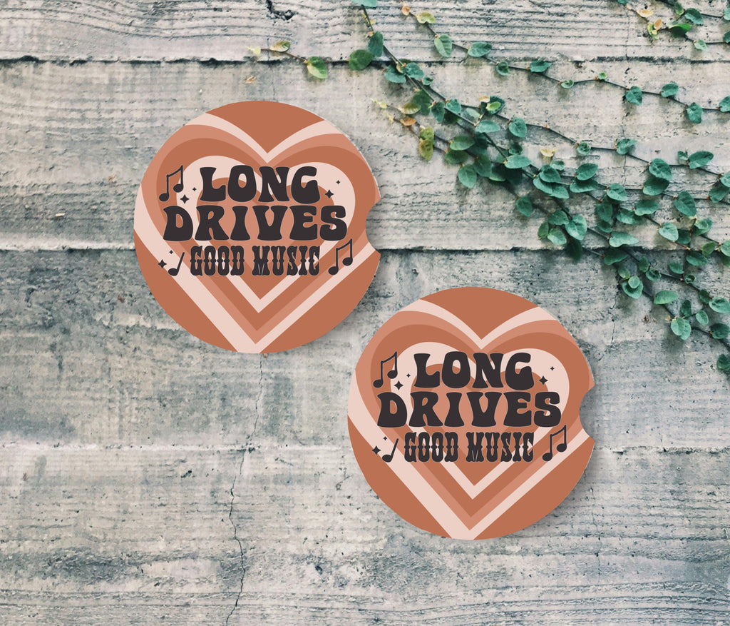 Retro 70s Car Coasters | Long Drives Good Music, Terracotta Boho Style (2 Pack)