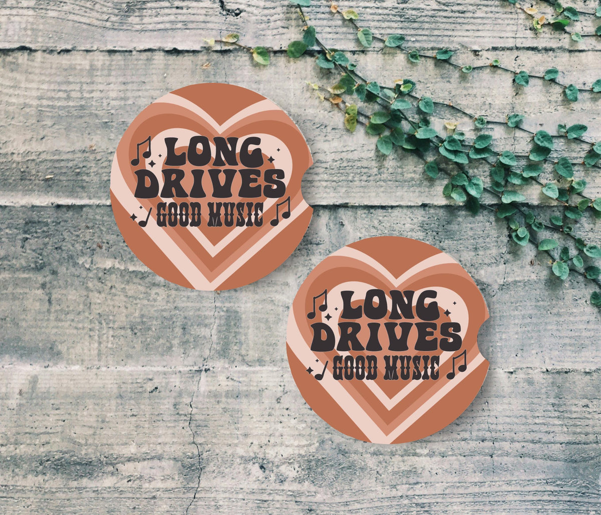 Retro 70s Car Coasters | Long Drives Good Music, Terracotta Boho Style (2 Pack)