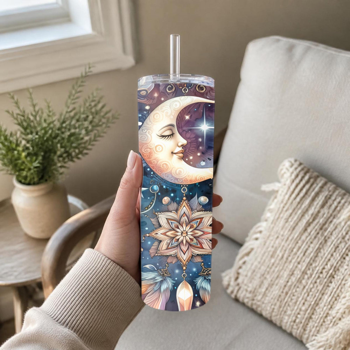 Celestial Moon Mandala Tumbler | 20oz Travel Mug, Boho Crystal Gift