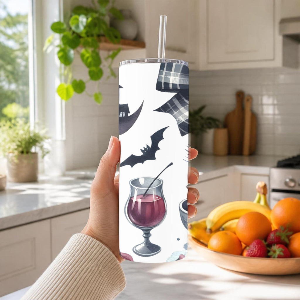 Gothic Halloween Watercolor Tumbler | Haunted Castle, Bats, Plaid Bow (20oz)