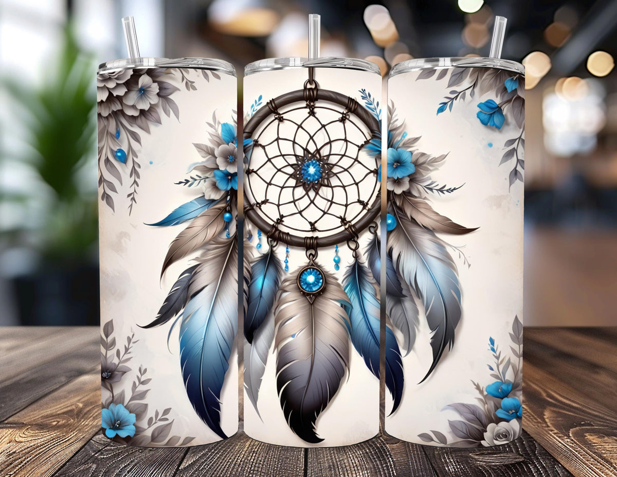 Dreamcatcher Sublimation 20oz Skinny Tumbler  Boho Blue Feather Travel Mug Gift for Her