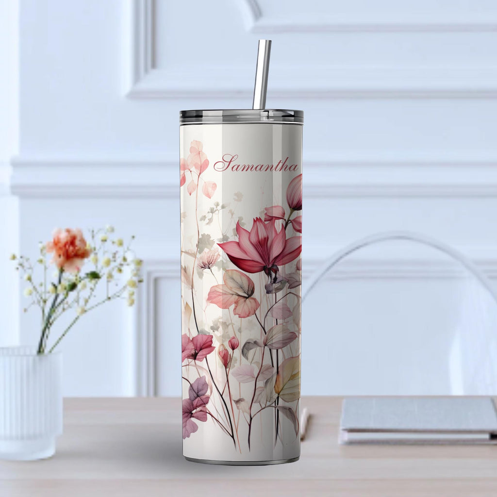 Personalized Wildflower Tumbler | Custom Name, 20oz Skinny Travel Mug (Dusty Pink Watercolor)