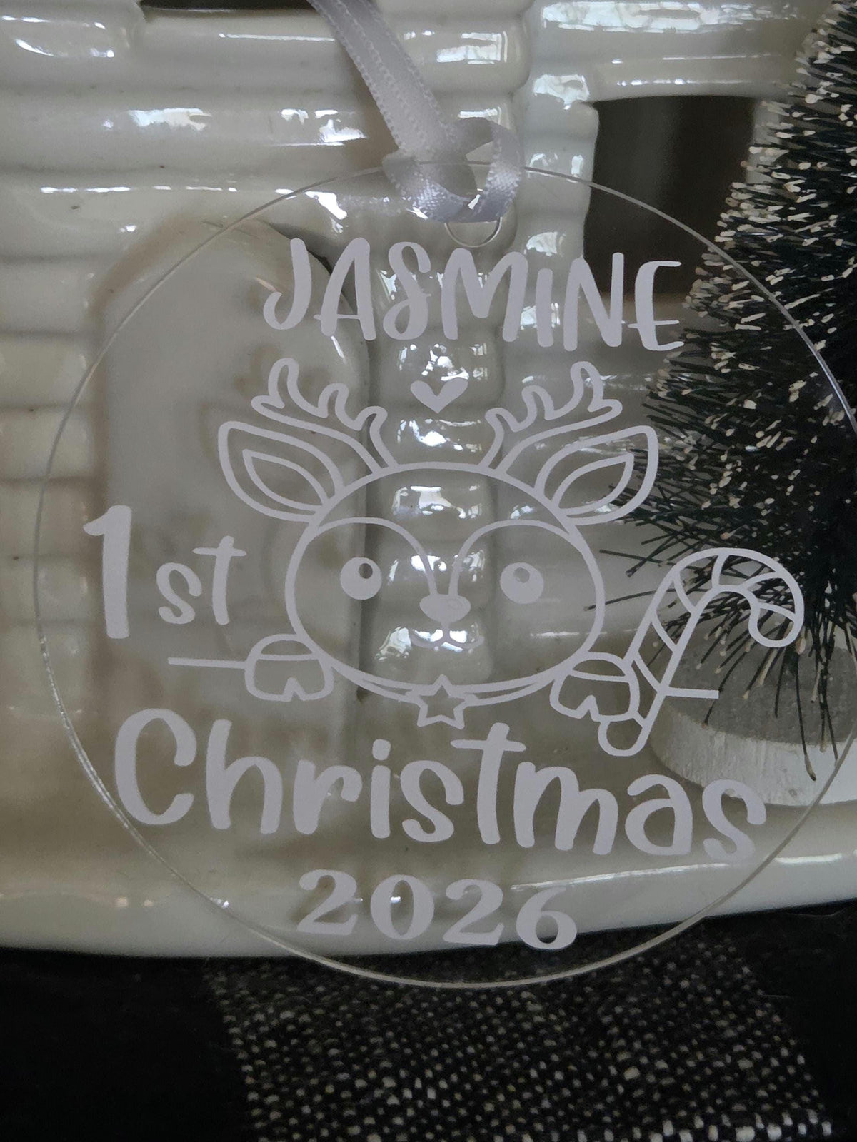 Personalized Baby First Christmas Ornament 2026 Custom Name Reindeer Clear Acrylic