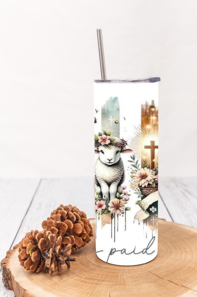 Jesus Paid It All 20oz Skinny Tumbler | Watercolor Cross, Lamb, Bible