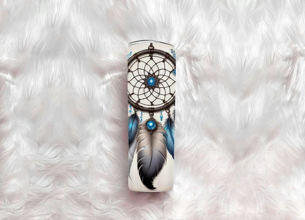 Dreamcatcher Sublimation 20oz Skinny Tumbler  Boho Blue Feather Travel Mug Gift for Her