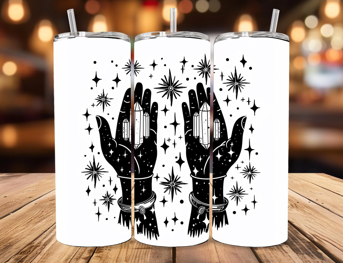 Witchcore Celestial Hands Tumbler | Minimalist Crystal Line Art Travel Mug (20oz)