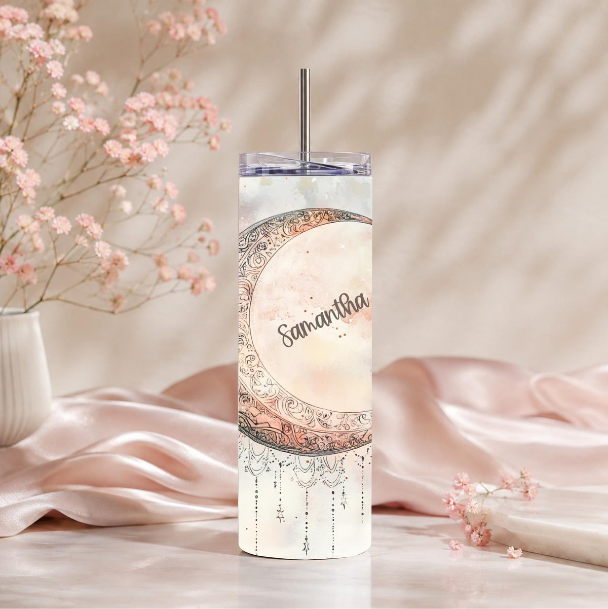 Personalized Celestial Tumbler | Watercolor Moon Dreamcatcher (20oz)