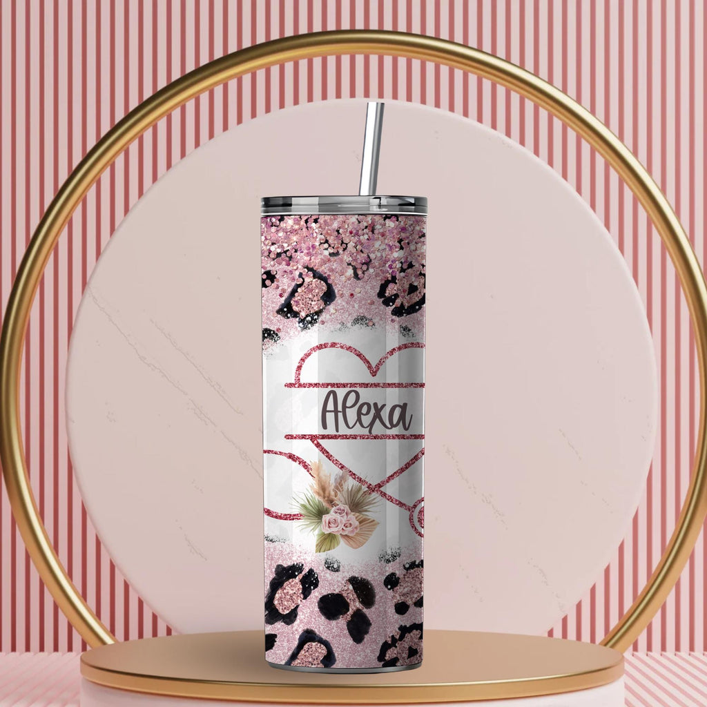 Personalized Nurse Tumbler | Pink Glitter Leopard Print, Stethoscope Heart (20oz)